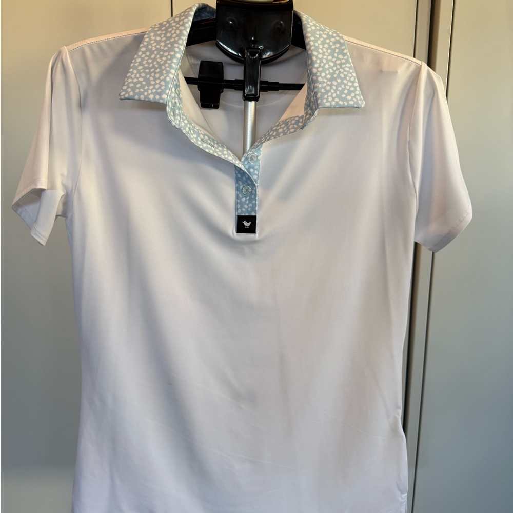 Bad Birdie White Polo with Blue Patterned Collar